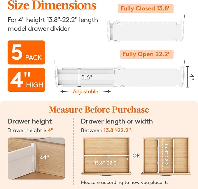 Lifewit 4" Tall 5 Pack Drawer Dividers, 35-56.5cm/13.8-22.2" Expandable Drawer - Image 2