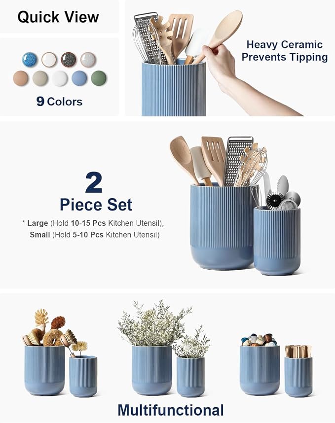 LE TAUCI Utensil Holder for Kitchen Counter, 7.3"+5.4" Fluted Ceramic Utensil - Image 2