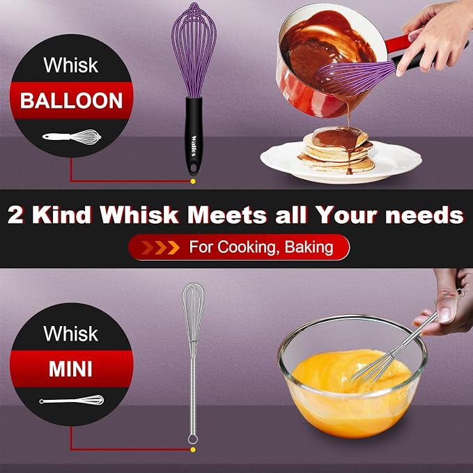 Walfos Whisk, Silicone Whisks Set of 5, Mini Stainless Steel Whisk 7+5in & Non - Image 6