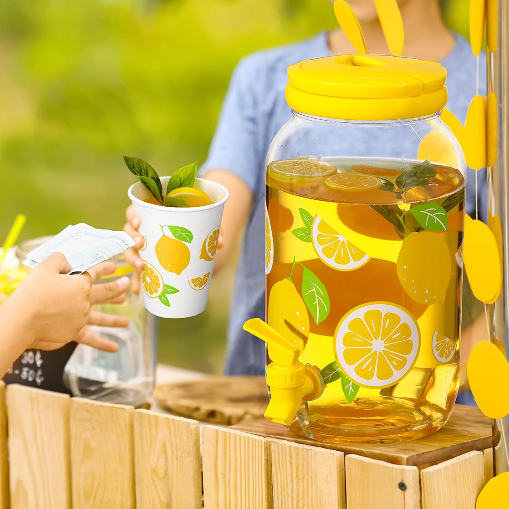 Umigy 1 Gallon Lemon Plastic Drink Dispenser with 20 Pcs 12 oz Lemon