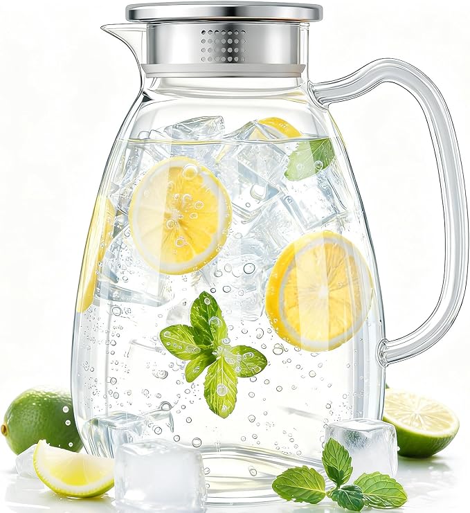 Glass Pitcher with Lid and Handle, 2.2L Borosilicate Glass Water Carafe by Unknown