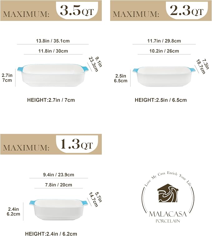 MALACASA Casserole Dishes for Oven, Ceramic Baking Dishes Set of 3, Rectangular - Image 2