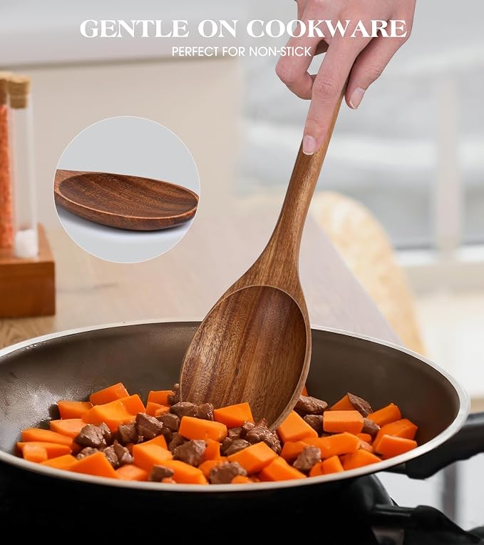 2PCS Wooden Spoons for Cooking, Natural Acacia Wood Cooking Spoons, Large - Image 3