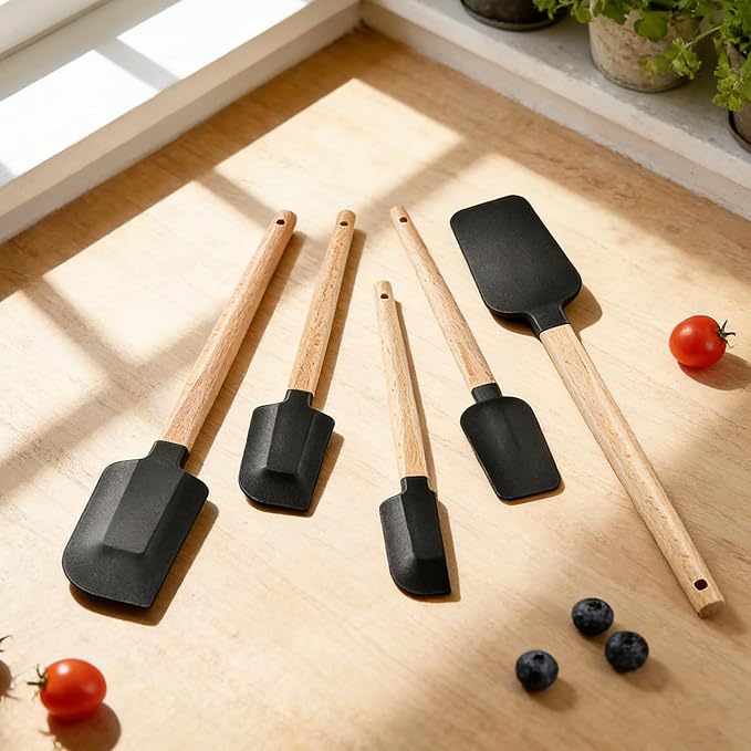Silicone Spatula Set 5PCS Non-Stick, Ergonomic Wooden Handle, 600°F Heat - Image 2