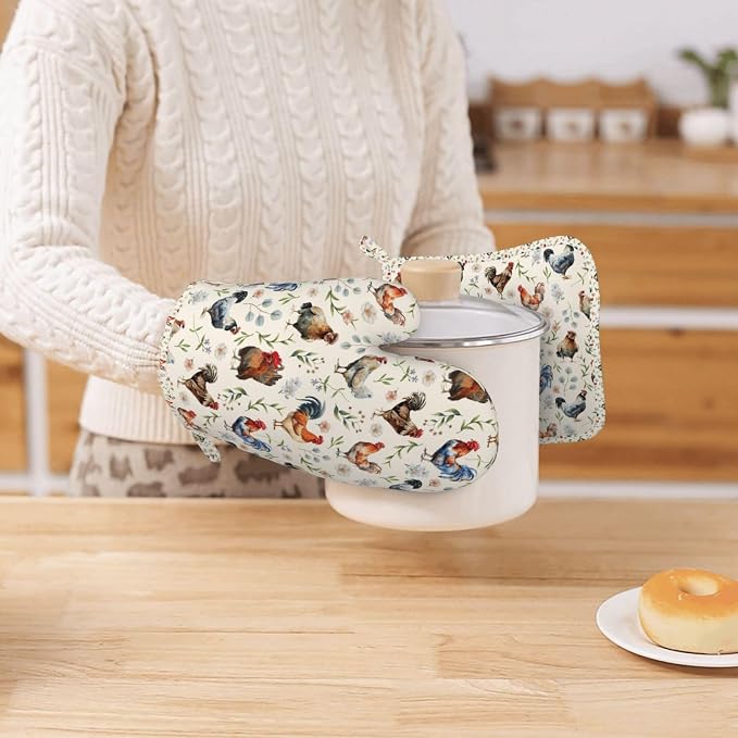 Cute Chicken Oven Mitts and Pot Holders Set, Heat Resistant & Non-Slip Silicone - Image 2