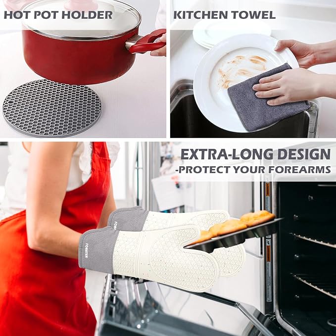 Extra Long Oven Mitts and Potholders 6Pcs Set, 500°F Heat Resistant Kitchen - Image 3