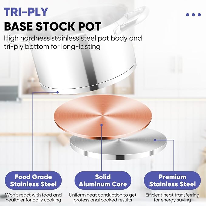 TeamFar 8QT Stock Pot with Lid, Stainless Steel Tri-ply Bottom Cooking Pot - Image 4