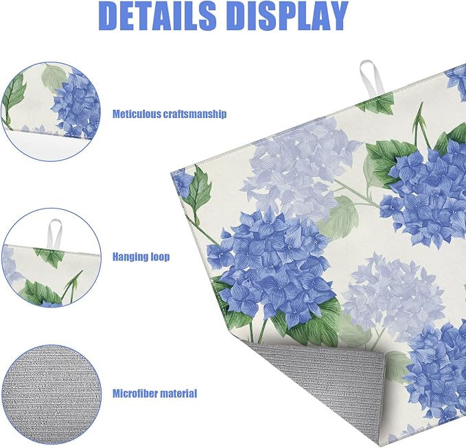 Blue Hydrangea Dish Drying Mat for Kitchen Counter Spring Floral Drying Pad - Image 3