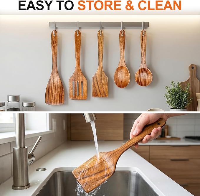 5 Pcs Best Wooden Spoons for Cooking Kitchen Utensils Set Acacia Wood Cooking - Image 5