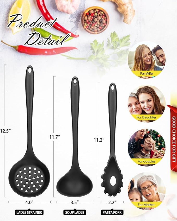 3 Pcs Silicone Kitchen Utensils Set, Soup Ladle-Pasta Fork-Slottede Spoon - Image 3