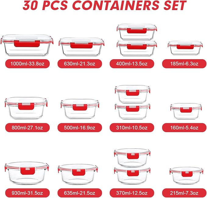 VERONES 30 Pieces Glass Meal Prep Containers Set, Stackable Glass Food Storage - Image 2