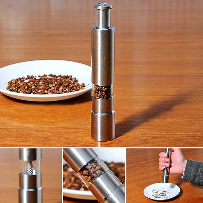 Salt and Pepper Grinder Set of 2, Stainless Steel Push Button Grinder Modern - Image 3