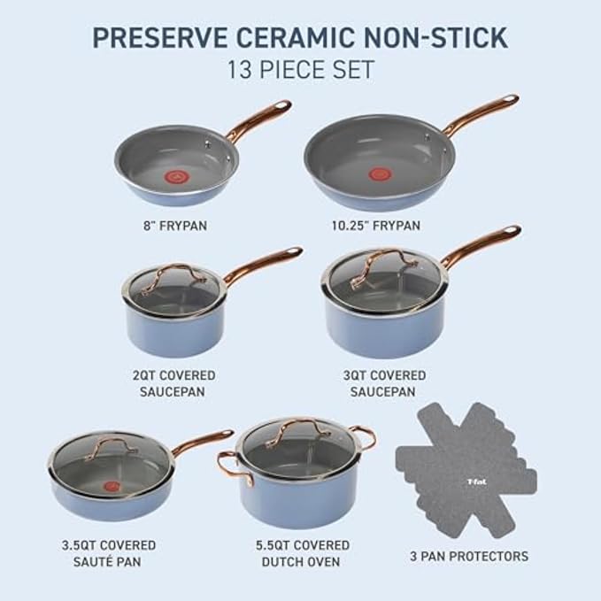 T-Fal Preserve Ceramic, Non stick Cookware Set 13-Piece, Oven & Broiler Safe up - Image 2
