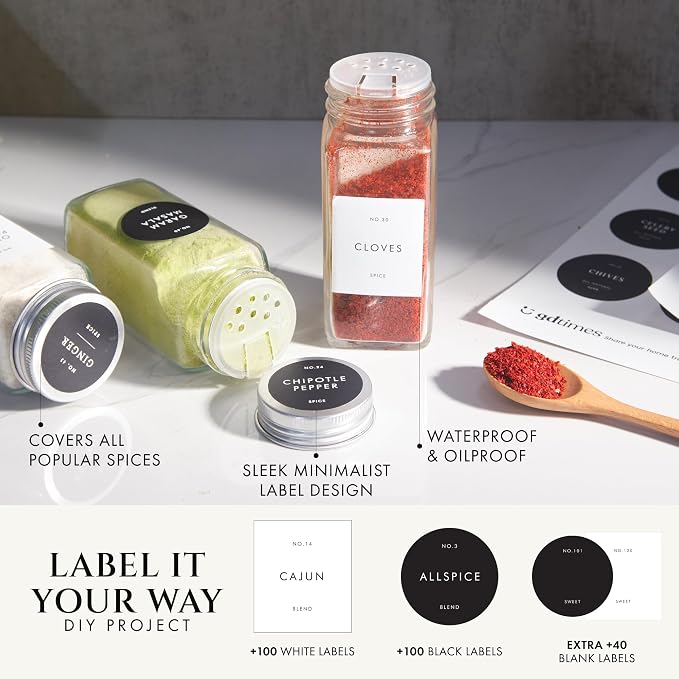 Glass Spice Jars with Labels with Metal Lids and Shakers Minimalist 24 Pack Set - Image 4