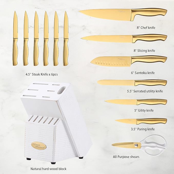 Marco Almond® Gold Knife Set, Knife Block Set MA21, Titanium Coated 14 Pieces - Image 6