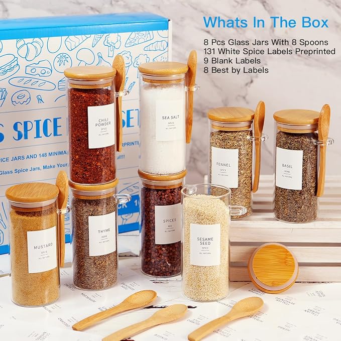 8 Pcs Glass Containers with Bamboo Lids and Spoons - 10 oz Sugar Container with - Image 2