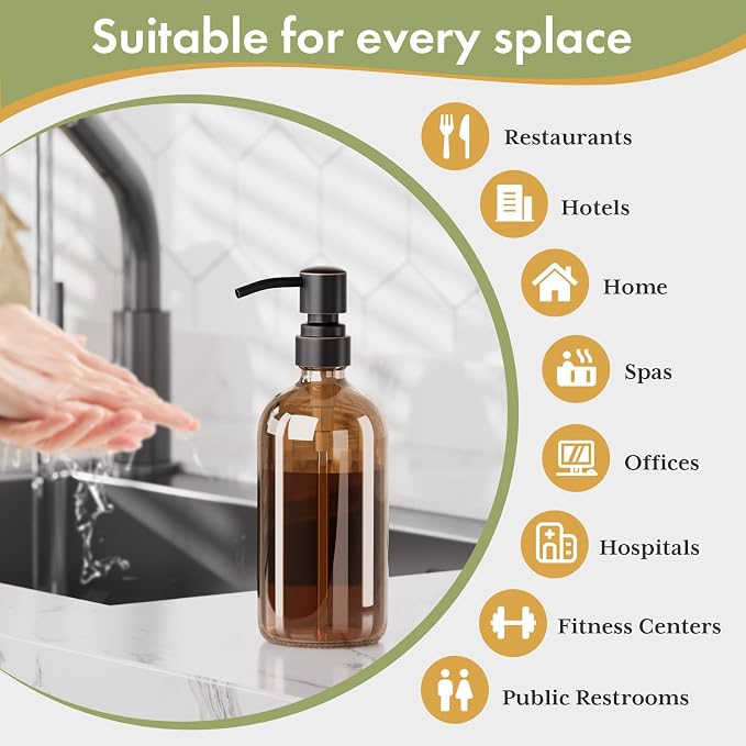 AmazerBath Amber Glass Soap Dispensers, 2 Glass Amber Pump Bottles, 17 Oz Dish - Image 8