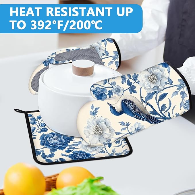 Blue Bird Blooming Flower Oven Mitts and Pot Holders Sets Heat Resistant 4Pcs - Image 5
