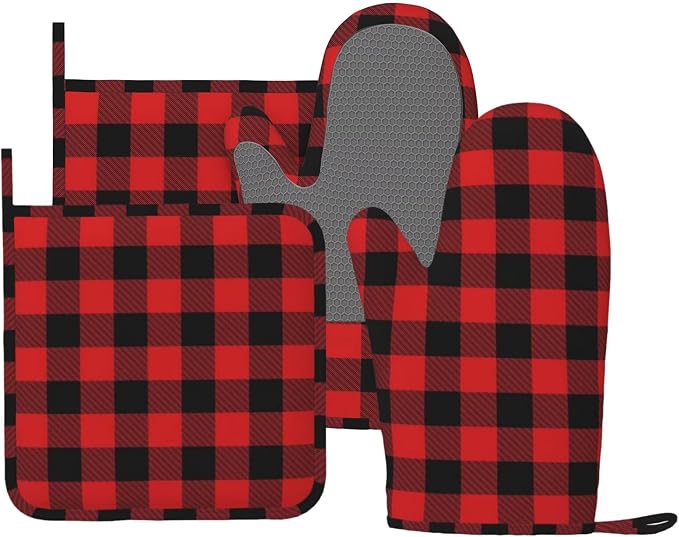 Buffalo Plaid Black and Red Oven Mitts and Pot Holders Set by Unknown