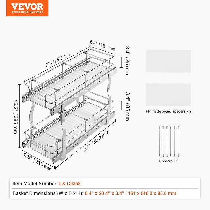 VEVOR Pull Out Cabinet Organizer, 8.5" W x 21" D x15.2 HHeavy Duty Slide Out - Image 7