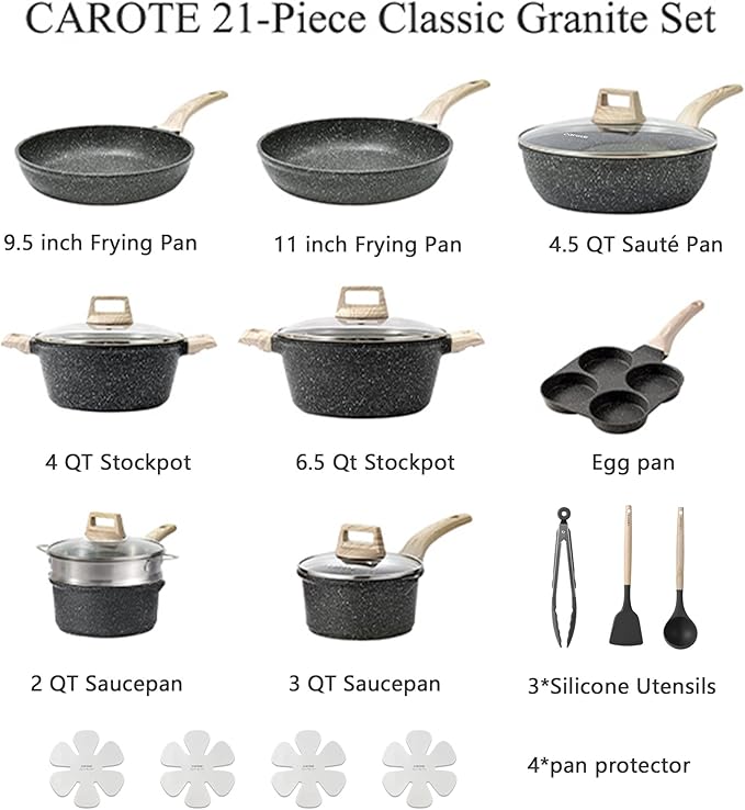 CAROTE 21pcs Pots and Pans Set Nonstick, Cookware Set Black Granite Induction - Image 2