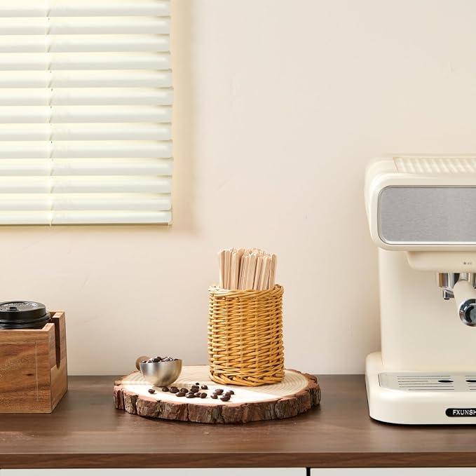 Wood Rattan Coffee Stirrer Holder Set - Image 4