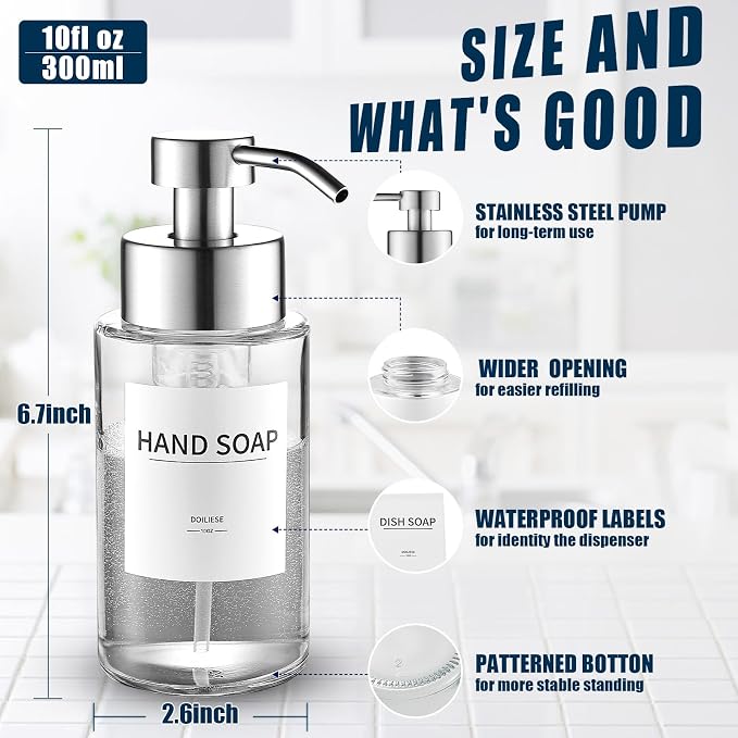 Glass Foaming Hand Soap Dispenser, 10 oz Easy Refill Glass Soap Dispenser - Image 2