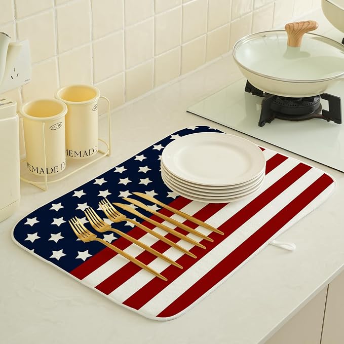 4th of July Dish Drying Mat 18 x 24 Inch Patriotic Red Stripe Navy Blue Stars - Image 2