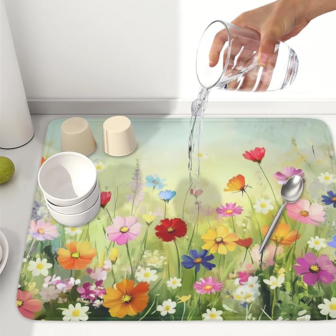 Spring Summer Daisy Dish Drying Mat 18 x 24 Inch Colourful Floral Pattern Dish - Image 6