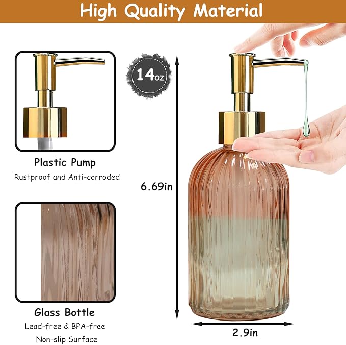 Glass Soap Dispenser with Gold Plastic Pump, 13.5oz Refillable Liquid Hand Soap - Image 2