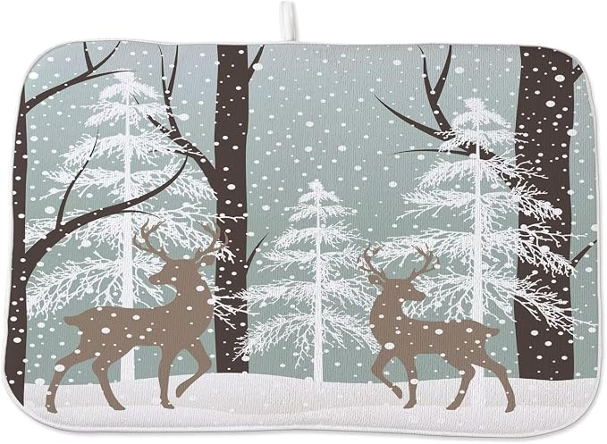 Winter Dish Drying Mat 18 x 24 inch Winter Landscape Snow Tree Deer Decorative by AEIOAE