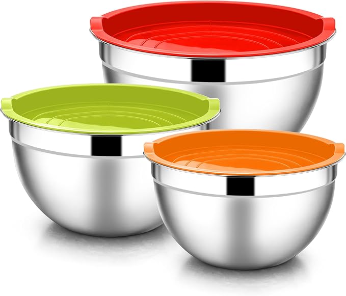 E-far Mixing Bowls with Lids, 6-Piece Stainless Steel Salad Bowls Metal Nesting by E-far