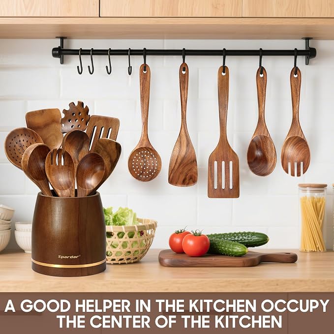 Spardar Wooden Spoons for Cooking, Spoon Rest, 4.2" Utensil Holder, and - Image 5