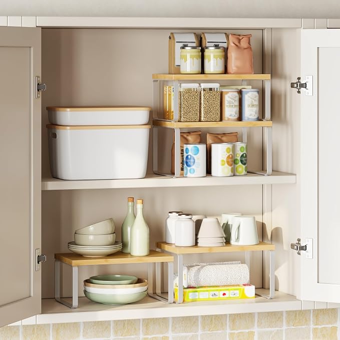 HOOBRO Cabinet Organizer Shelf, Expandable Kitchen Storage, Stackable Bamboo - Image 4
