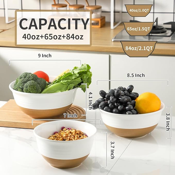 HASENSE Mixing Bowls, Large Ceramic Salad Bowls 2.1/1.5/1.0 Qt, Versatile - Image 3