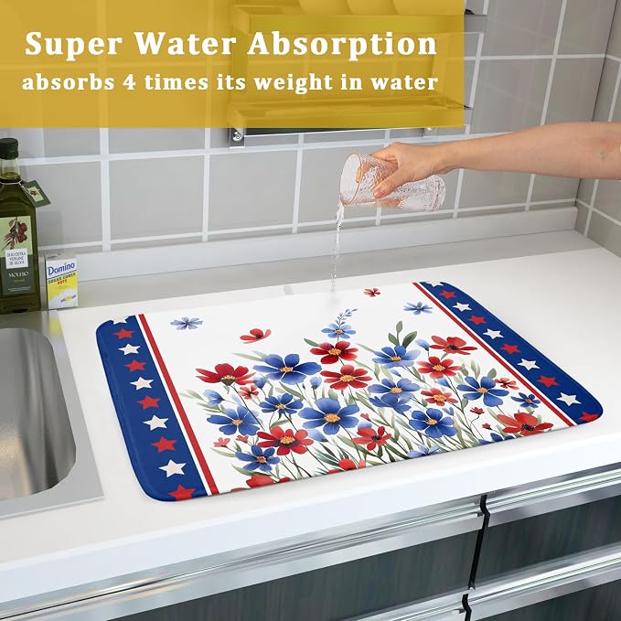 4th of July Dish Drying Mats for Kitchen Counter Patriotic Star Microfiber - Image 7