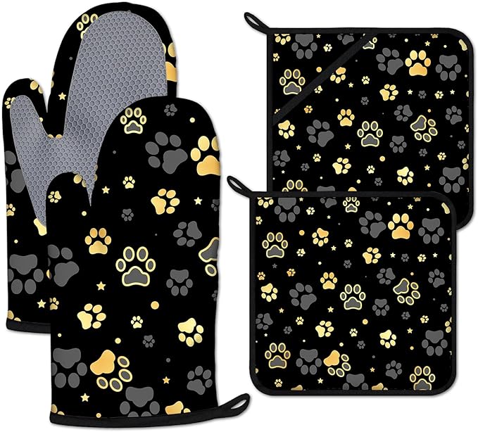 Gold Dog Paw Print Oven Mitts and Pot Holders Sets Heat Resistant 4Pcs by ANTJOO
