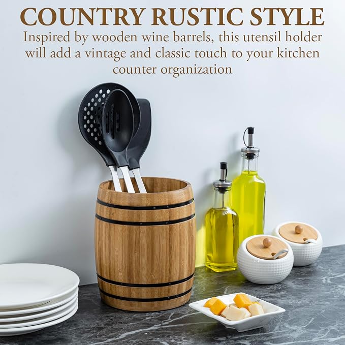 MyGift Wine Barrel Design Kitchen Utensil Crock, Light Brown Solid Bamboo Wood - Image 2