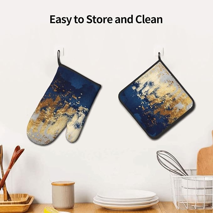 Blue and Gold Watercolor Abstract Oven Mitts and Pot Holder Sets of 3, Non-Slip - Image 5