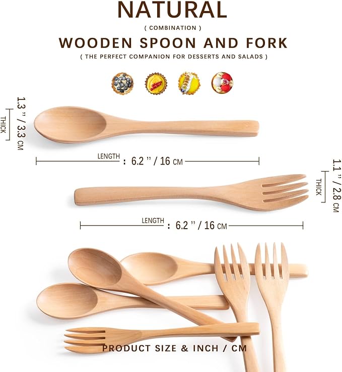 2pcs 6.3inch Schima Wooden Utensil Set Including Spoons and Forks, Reusable - Image 2