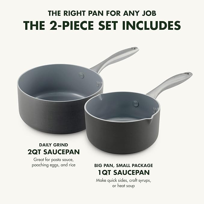 GreenPan Lima Hard Anodized Healthy Ceramic Nonstick 1QT and 2QT Saucepan Pot - Image 2