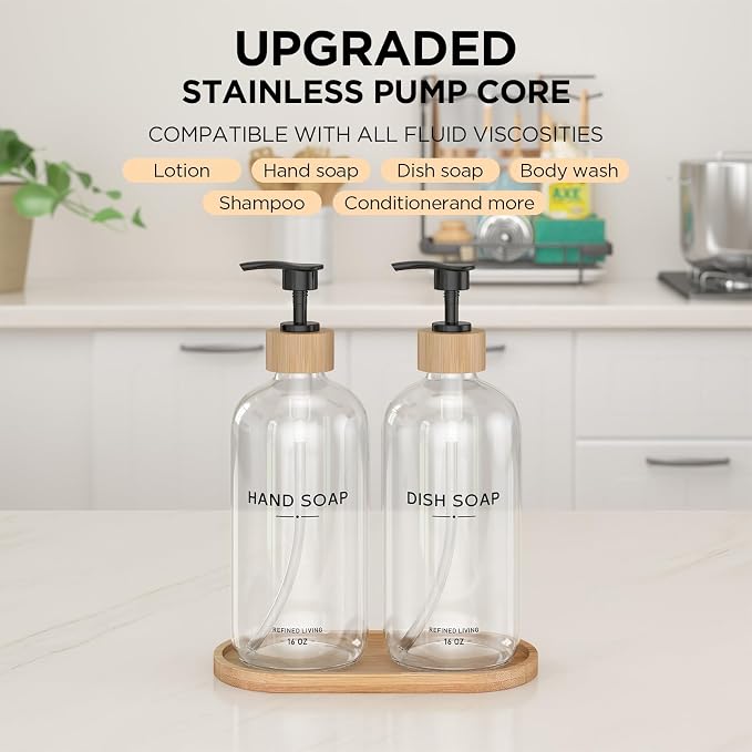 Hand and Dish Soap Dispenser Set, 16oz Glass Bottles - Image 4