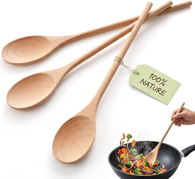 HANSGO 3PCS Wooden Spoons for Cooking, 12 Inch Long Handle Mixing Spoons for by HansGo