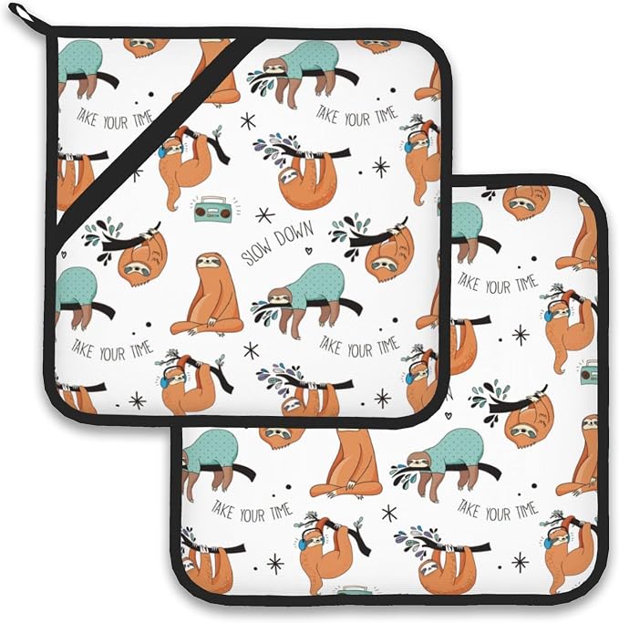 Funny Sloth Pot Holder Set of 2, Heat Resistant Potholders Oven Hot Pads by Larkverk