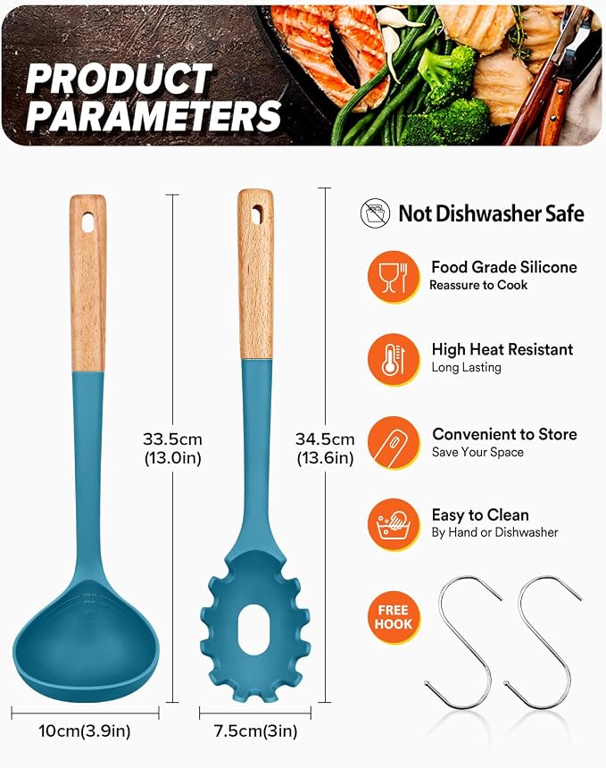 Pasta Fork and Ladle Set, and Sauce Pasta, BPA-Free Matte Silicone, Wood Handle - Image 2