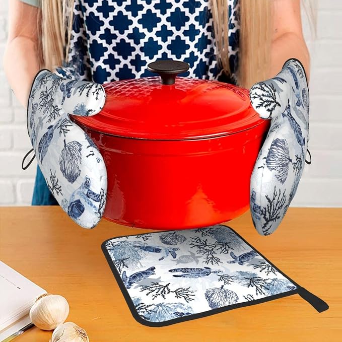Navy Blue Ocean Sea Turtle Oven Mitts and Pot Holders Sets of 3, Heat Resistant - Image 3