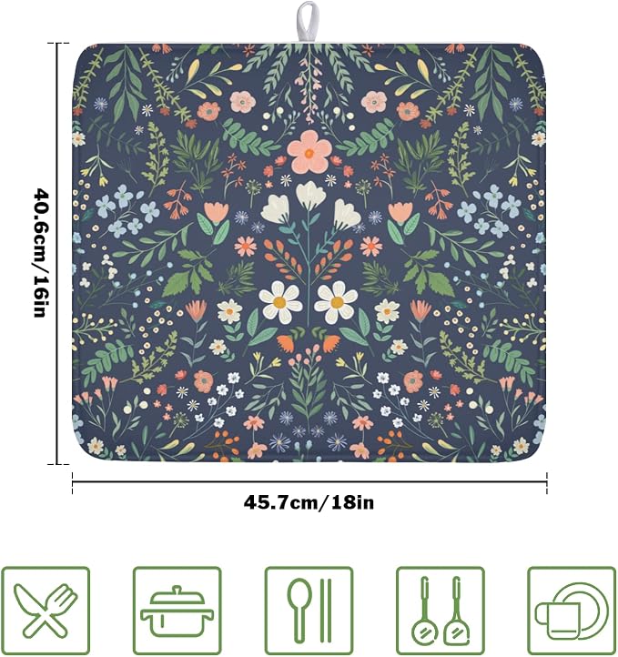 Floral Dish Drying Mat for Kitchen Counter Rustic Flower Leaves Print - Image 2