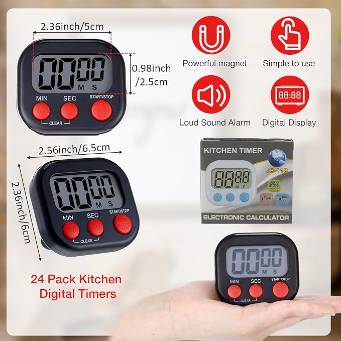 Leumoi 24 Pcs Digital Kitchen Timers Magnetic Back Timers Bulk Large Screen - Image 2