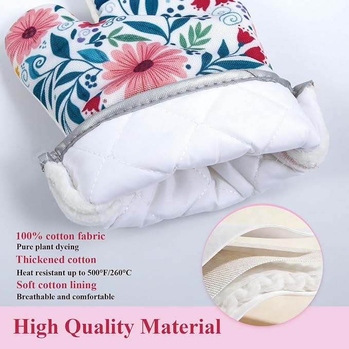 Floral Oven Mitts and Pot Holders Sets 2 Pcs, Canvas Heat Resistant Kitchen - Image 2