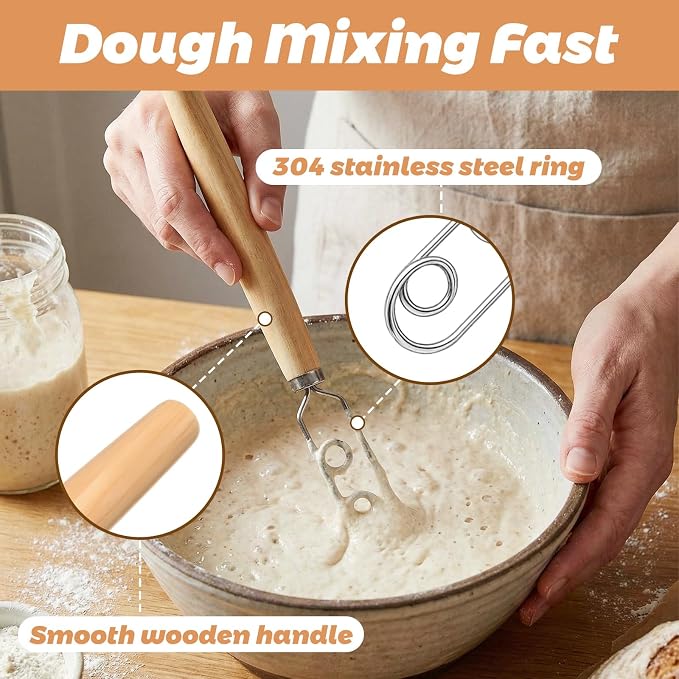 Zhehao 2 Pcs 13 Inch Sourdough Starter Stirring Hook Danish Dough Whisk Wooden - Image 3